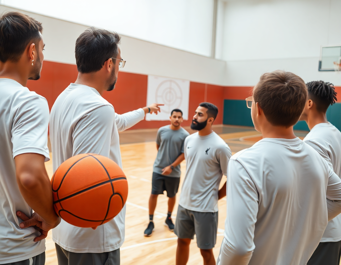 Ejercicios finalizaciones baloncesto minibasket: entrenador señala el tablero táctico mientras jugadores practican.