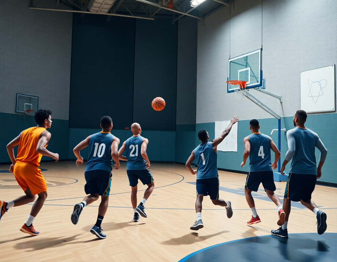 Ejercicios finalizaciones baloncesto minibasket: entrenador explica movimientos desde el banco mientras jugadores practican.