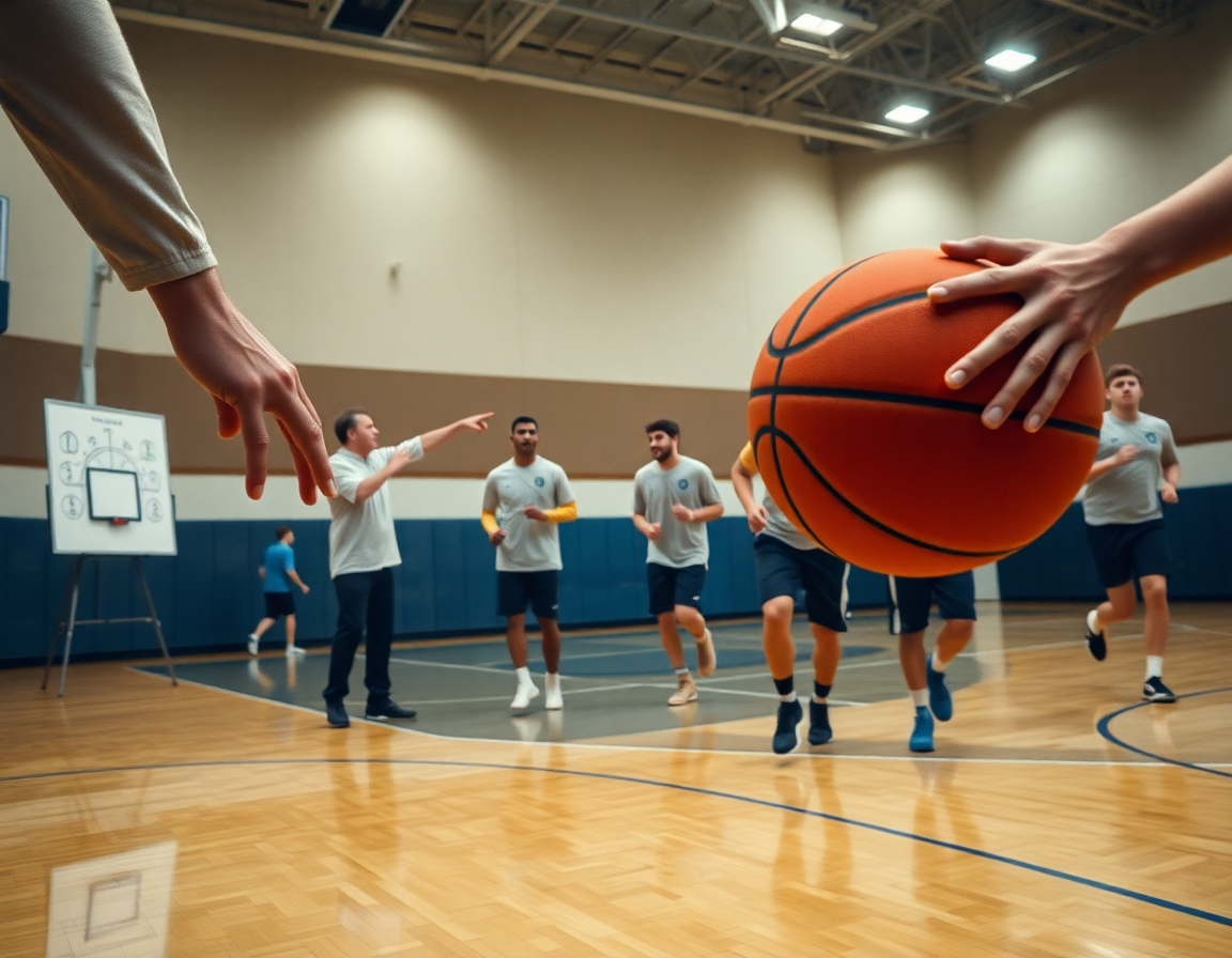 Primer plano de ejercicios fisicos baloncesto en pista de baloncesto, manos y balón.