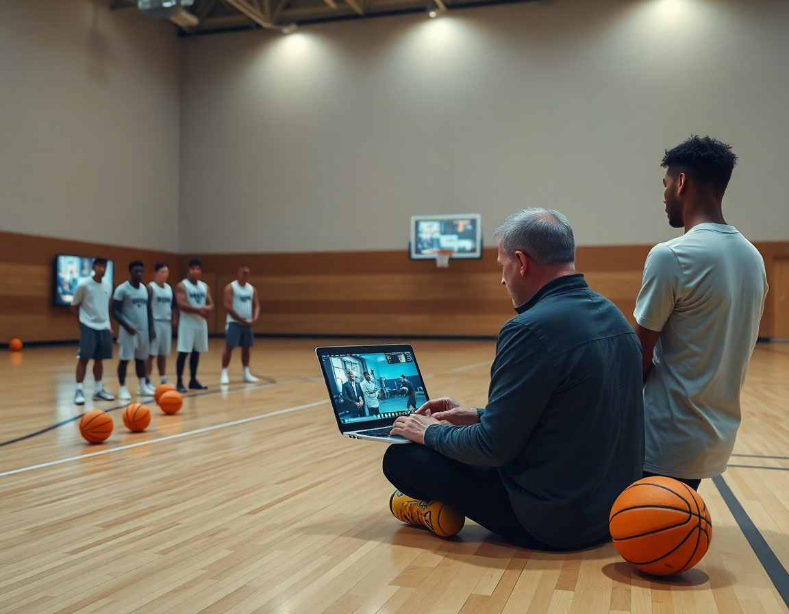 Entrenador revisa video de ejercicios baloncesto minibasket mientras jugadores miran atentos desde la banca.