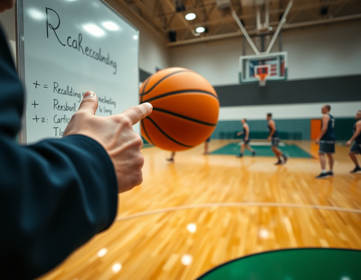 Primer plano de manos con una pelota y una pizarra que muestra ejercicios para cerrar el rebote baloncesto.
