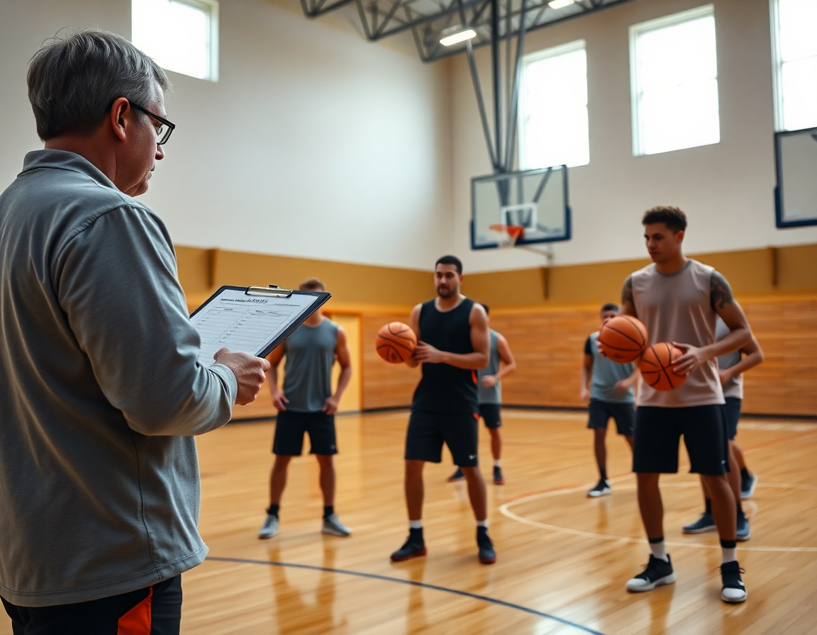 Planificación semanal de ejercicios para pase en baloncesto con entrenador y jugadores en la cancha.