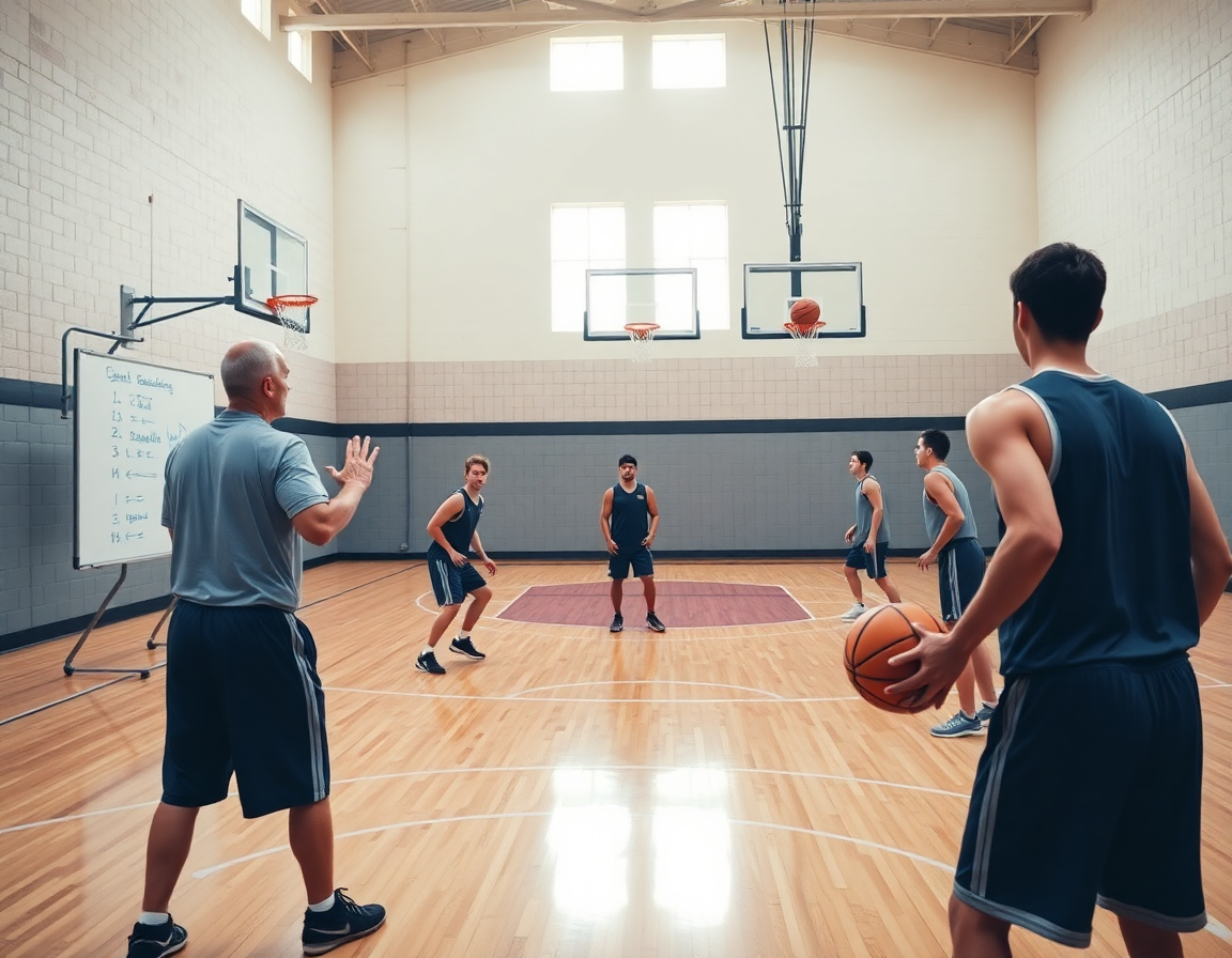 Coach muestra ejercicios para rebote baloncesto y ejecución práctica en la pizarra durante entrenamiento.