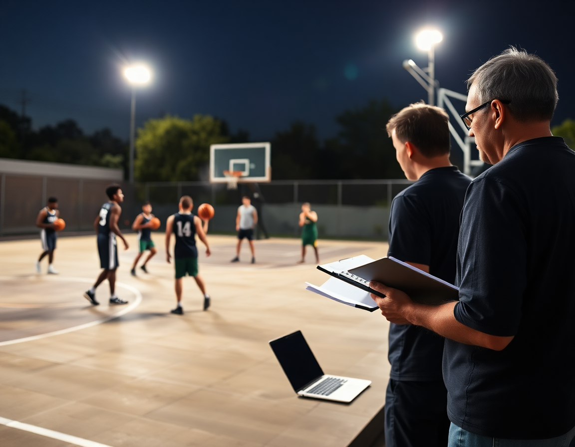 Escena de scouting y preparación para ejercicios para rebote baloncesto en una cancha exterior.