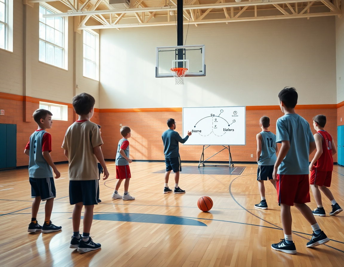Ejercicios de pase baloncesto para niños en entrenamiento corto dentro del gimnasio.