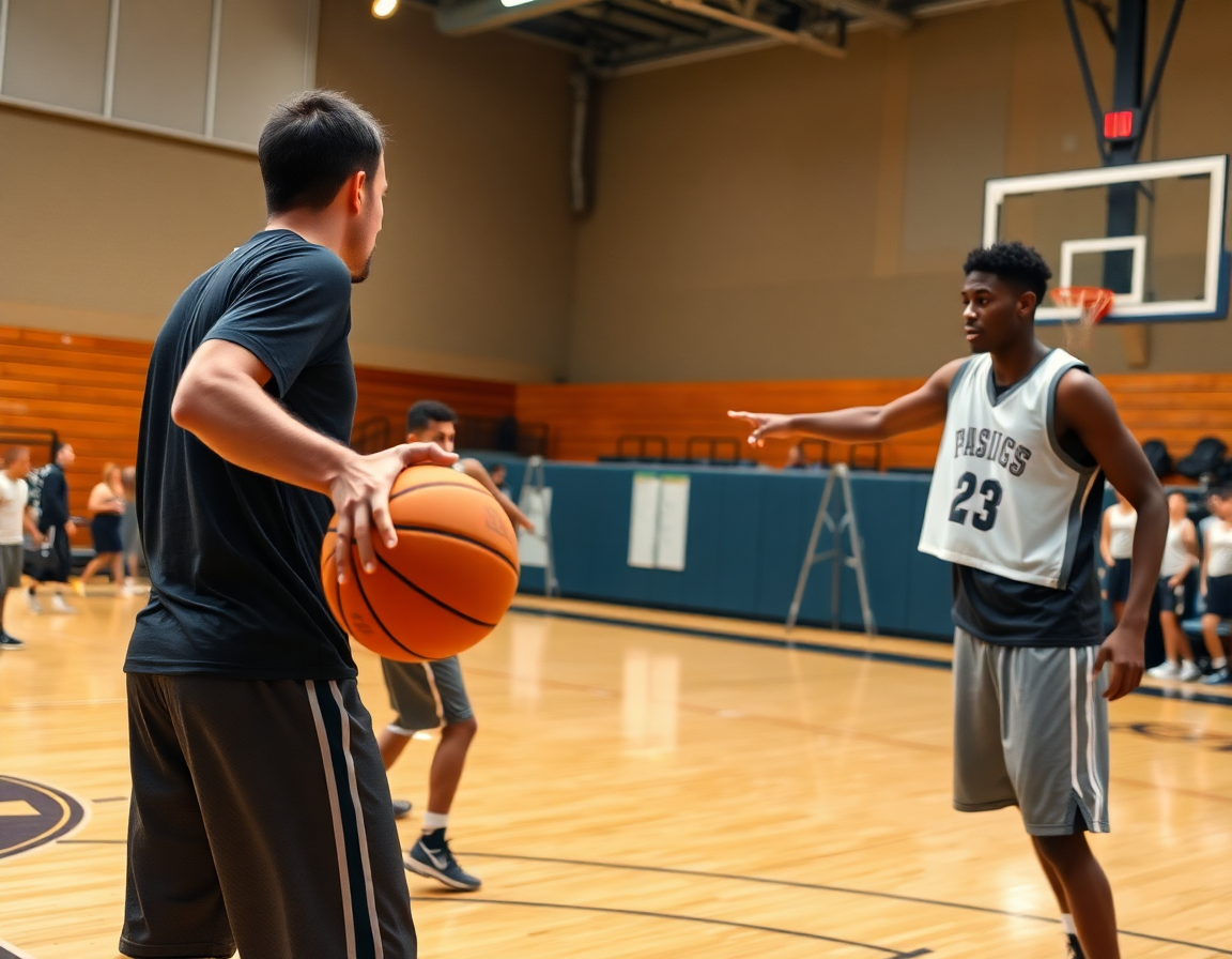 Acción de dos jugadores ejecutando un pase cerca del arco durante entrenamiento de baloncesto.