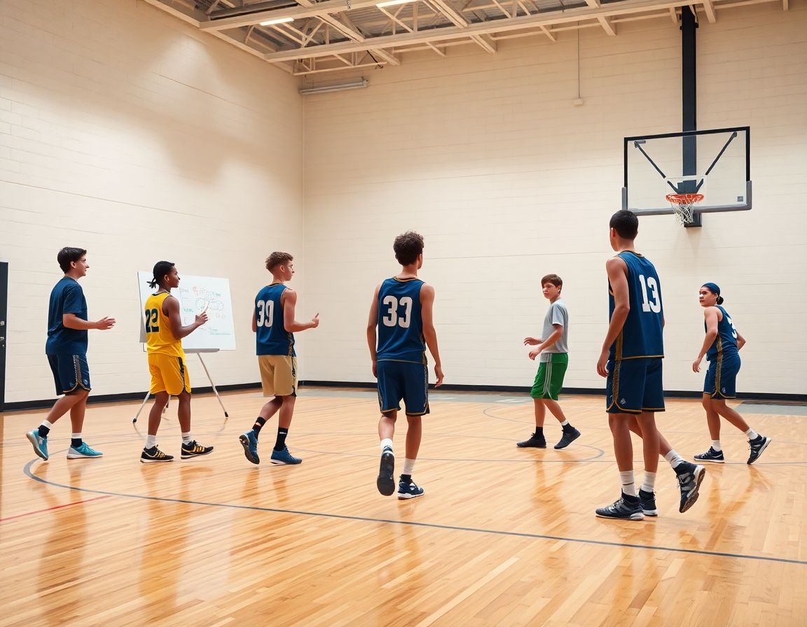 Grupo de jóvenes practicando toma de decisiones con pases en baloncesto durante práctica.