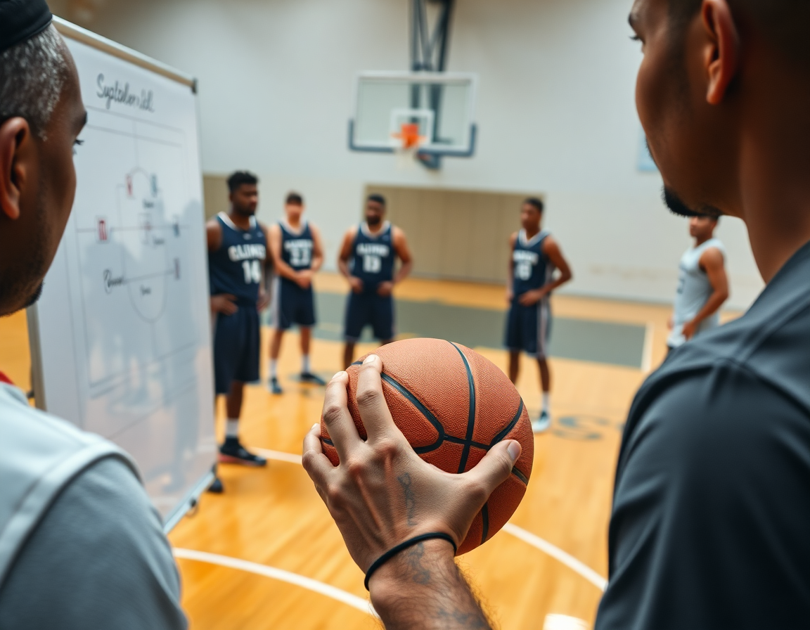 Primer plano del entrenador dibujando ejercicios pase baloncesto en una pizarra táctica mientras jugadores miran.