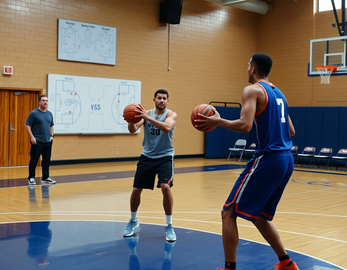 Plano detalle de ejercicios de pase y tiro en baloncesto con balón pasado entre manos.