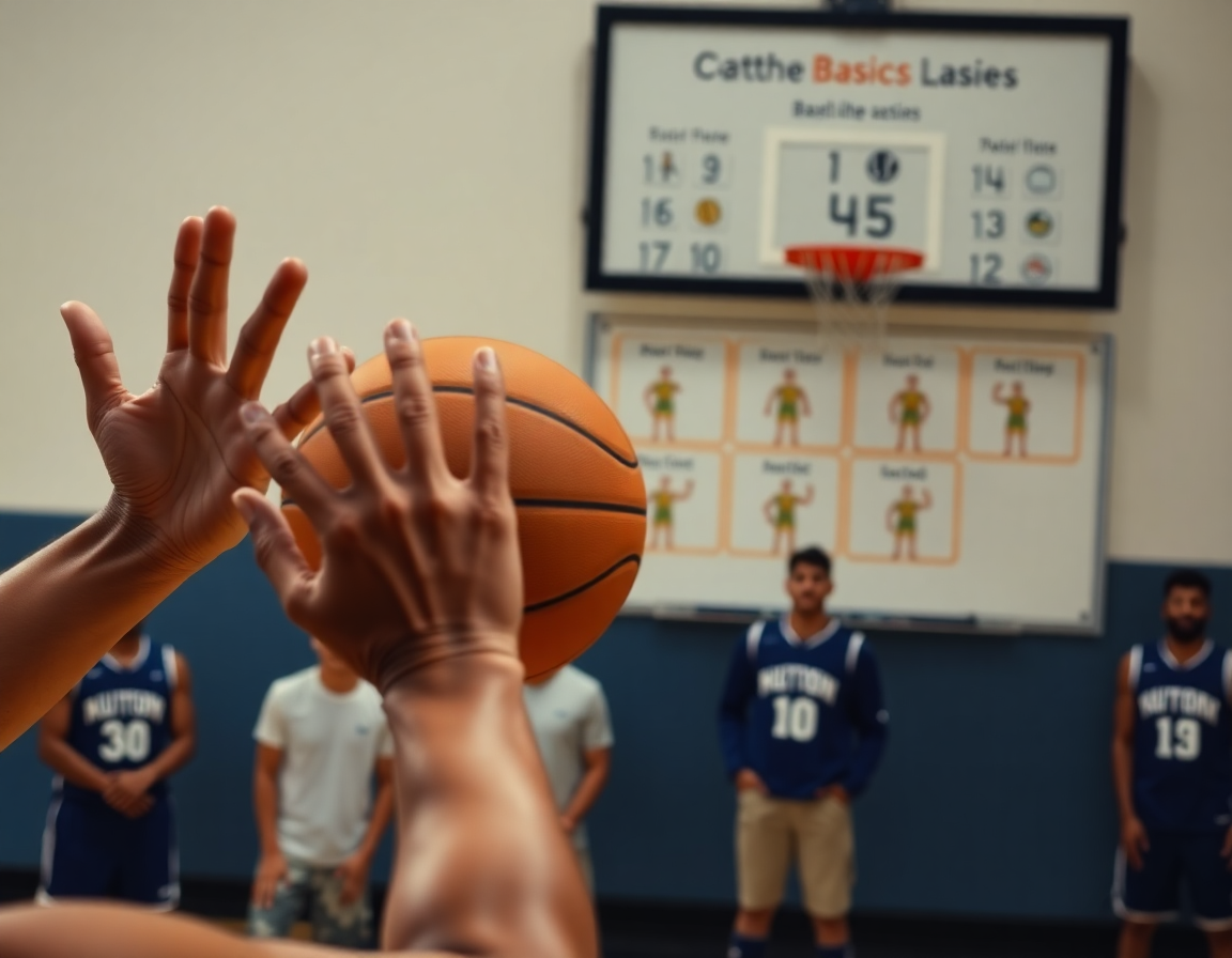 Primer plano de ejercicios de pase y tiro en baloncesto centrado en manos y balón.