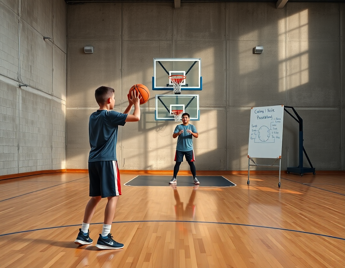 Escena de ejercicios de rebote baloncesto para niños con coach señalando jugadas y balón naranja.