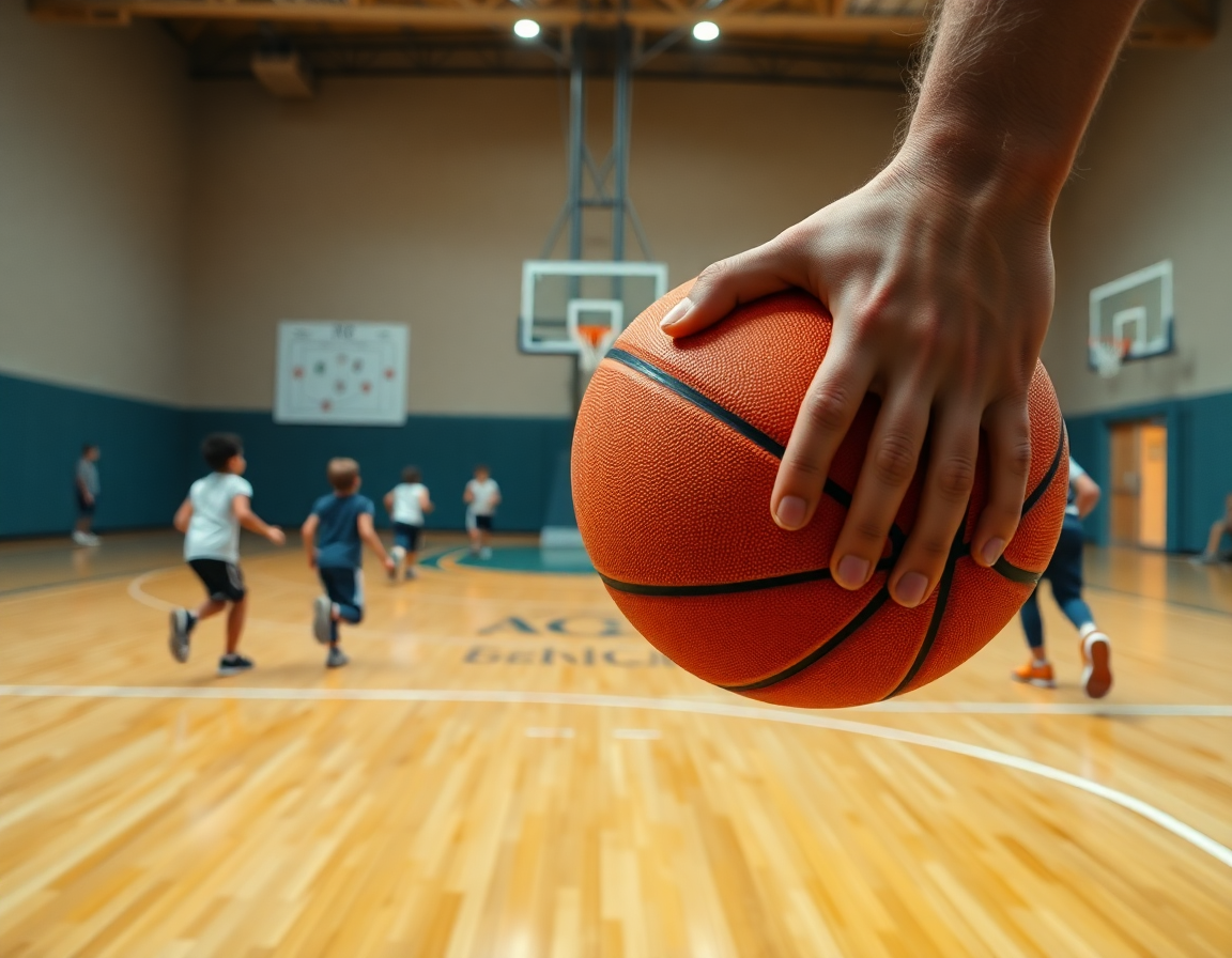 Primer plano de manos con un balón naranja, mientras el entrenador explica ejercicios de rebote baloncesto para niños.