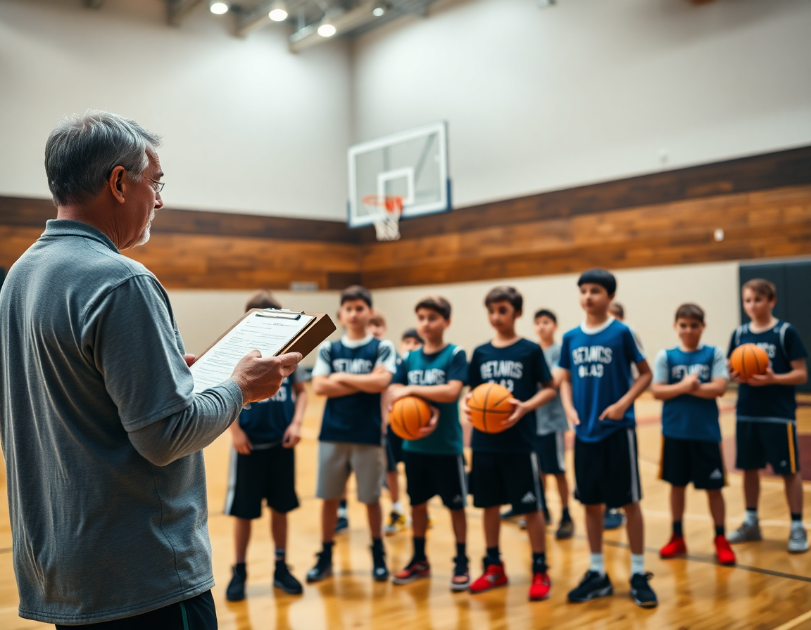 En la cancha, el entrenador revisa ejercicios de rebote baloncesto para niños con tablet y balón naranja.