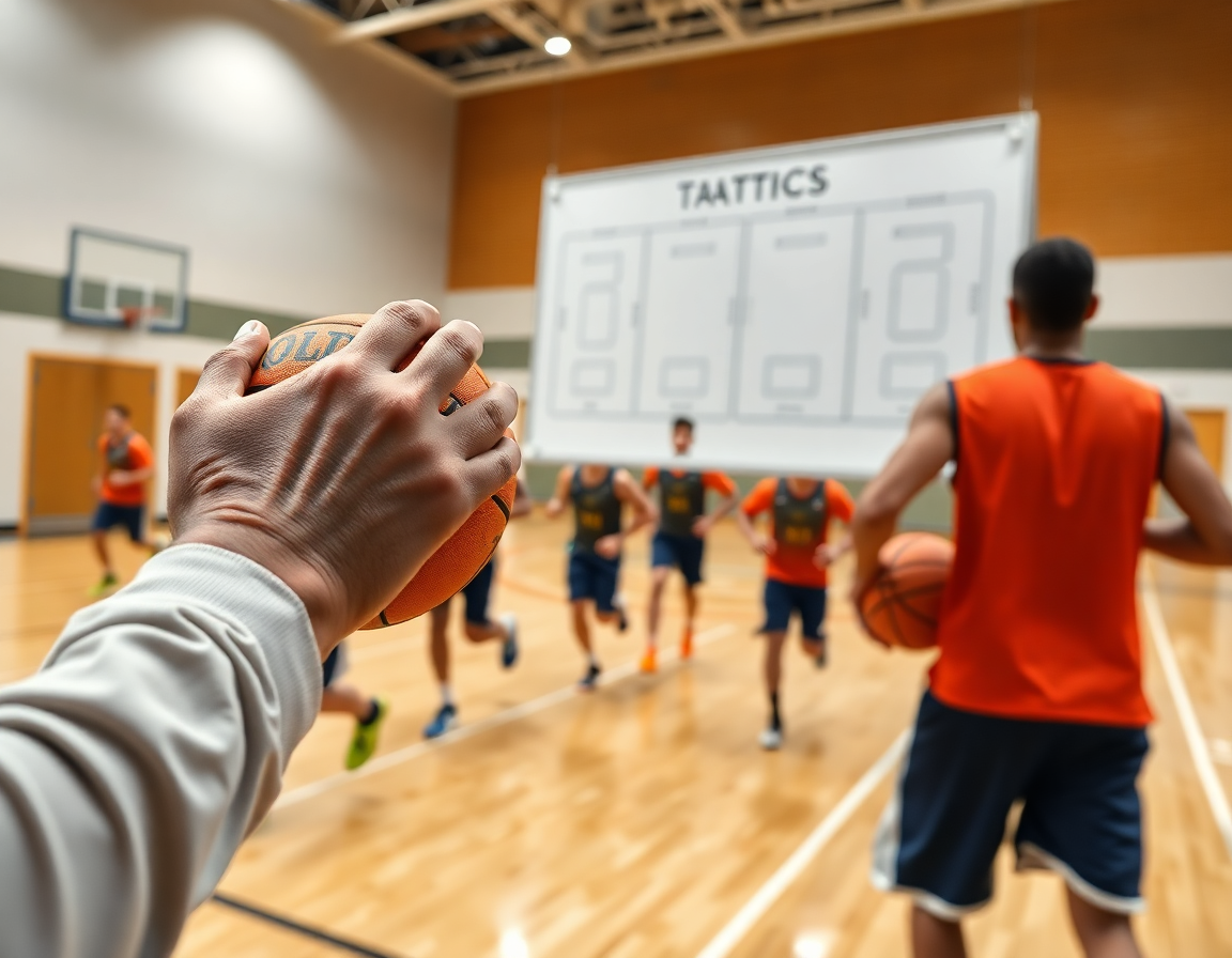 Primer plano de un entrenador con balón naranja, mostrando ejercicios tactica baloncesto a los jugadores.