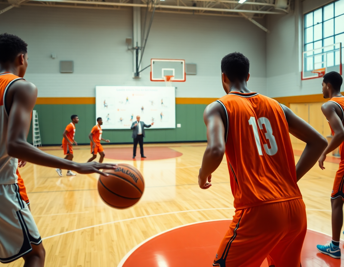 Enfoque cercano: manos y balón naranja, ejercicios tactica baloncesto mientras el entrenador señala jugadas.