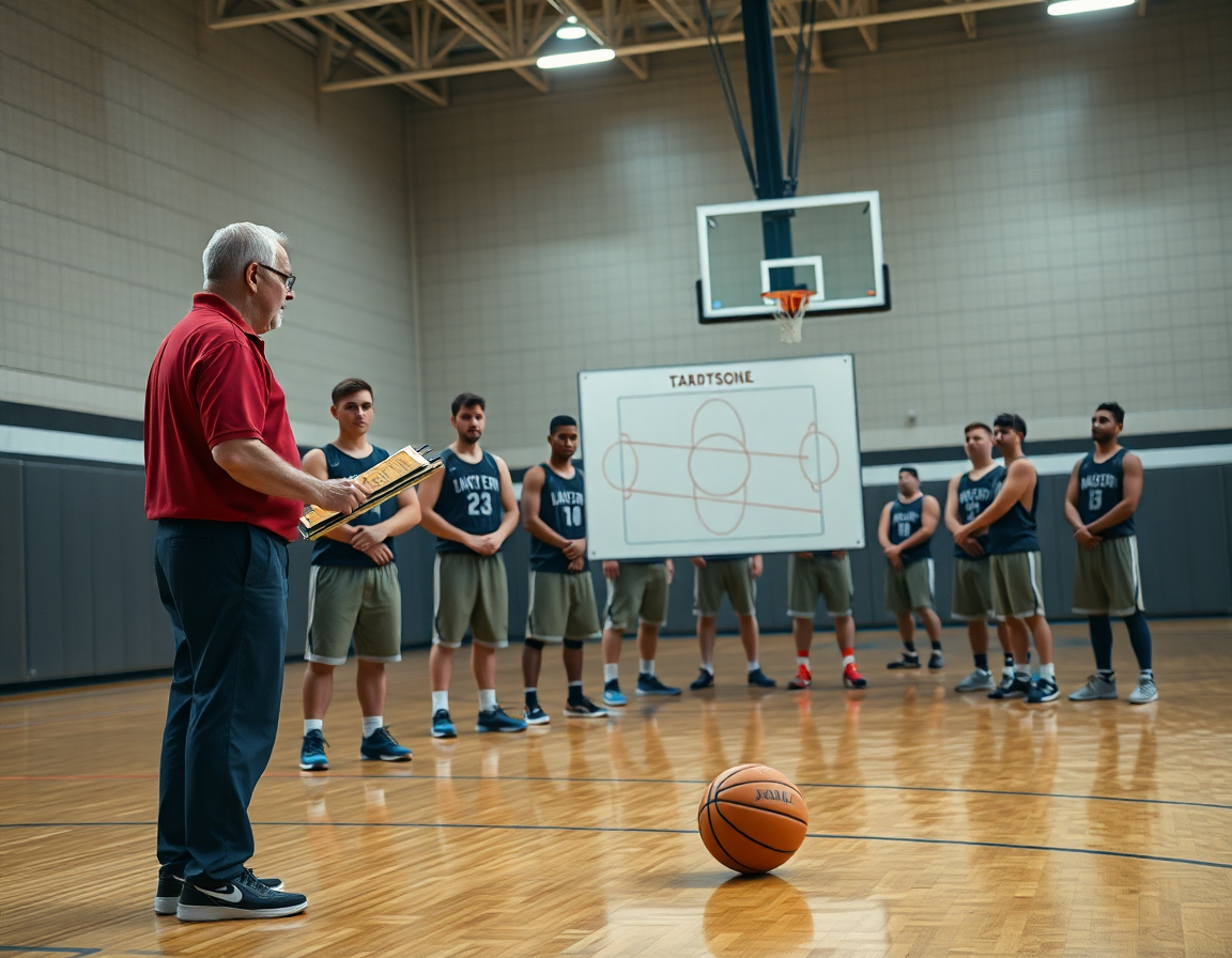 Entrenador con pizarra táctica explicando ejercicios tiro baloncesto cadete a la banda.