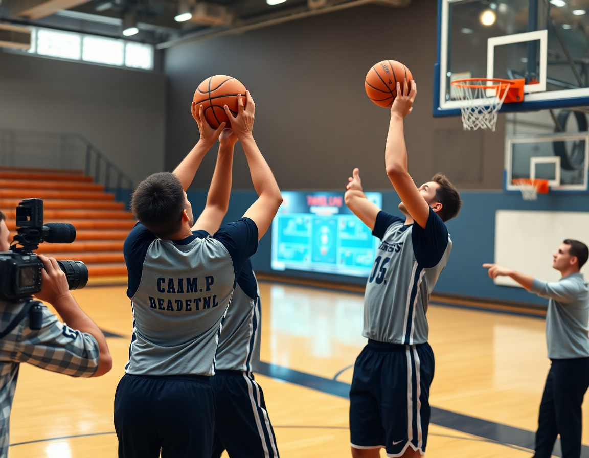 Dos cadetes practican ejercicios tiro baloncesto cadete cerca del aro, mientras el entrenador señala.