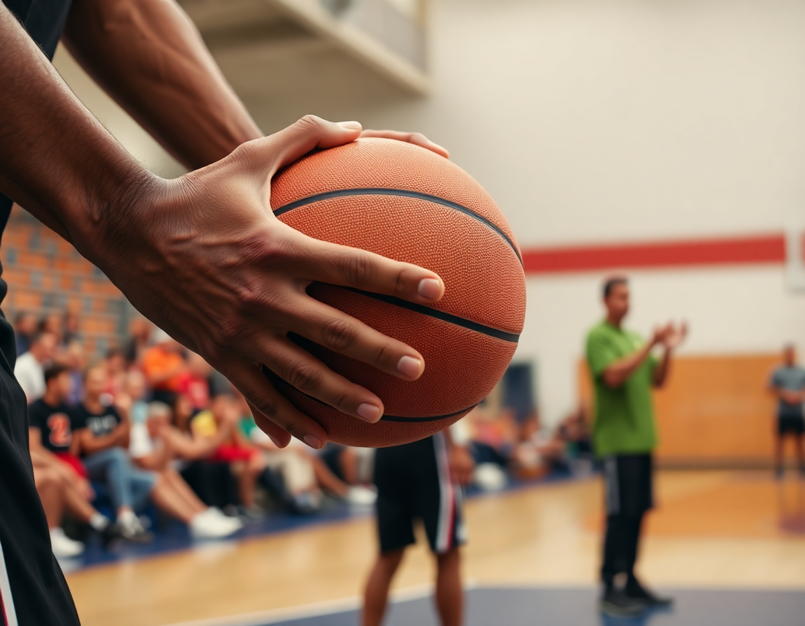 Primer plano de manos ejecutando ejercicios tiro baloncesto cadete durante la práctica, con balón naranja visible.