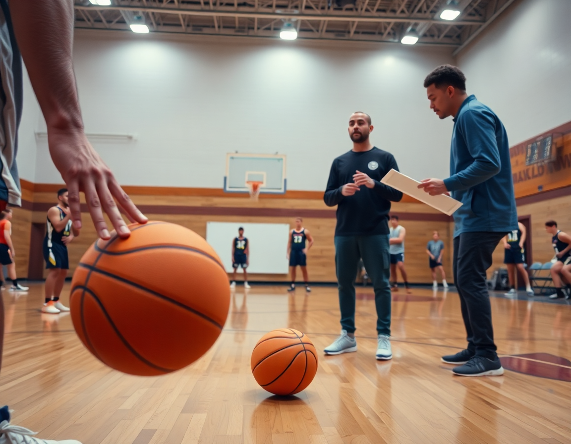 Plano cercano de un jugador de baloncesto ejecutando ejercicios tiro baloncesto con la supervisión del entrenador.