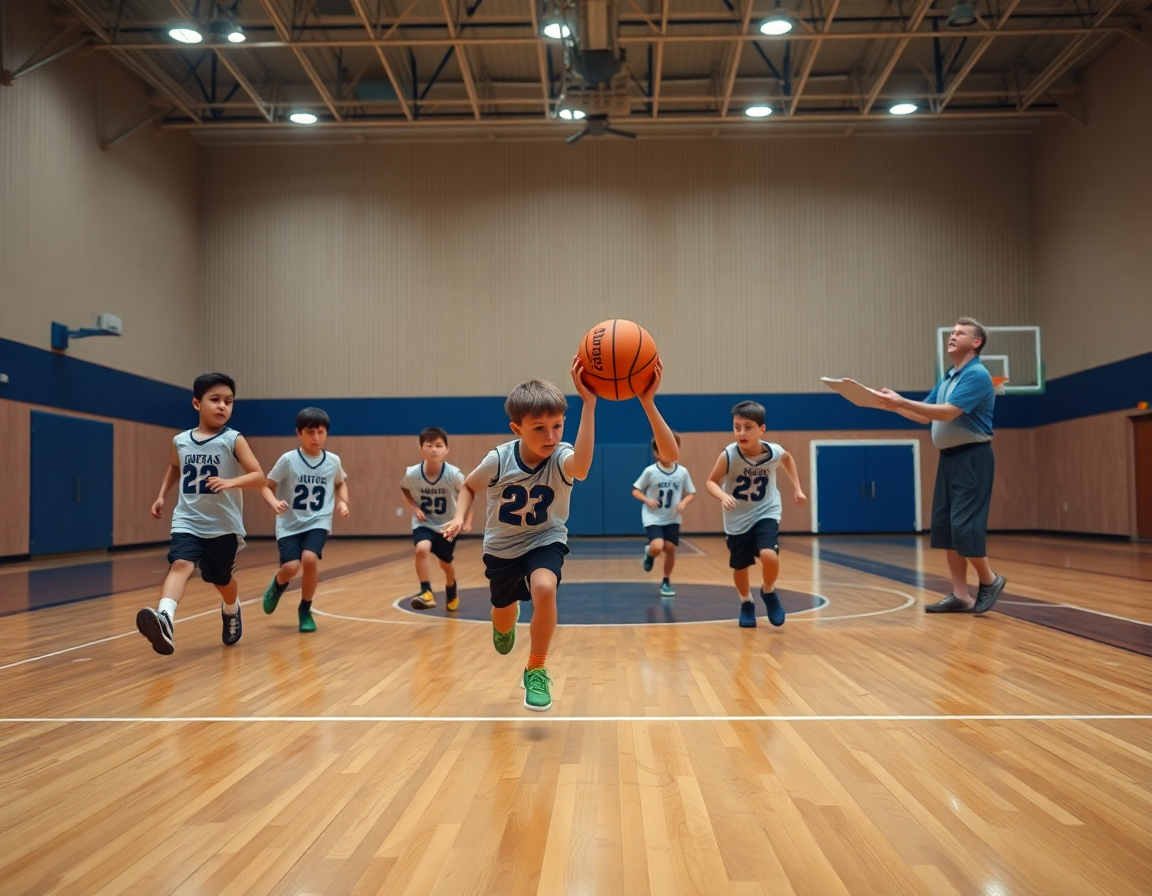 Jugadores minibasket corren una jugada simple de baloncesto, pasando la pelota naranja bajo la mirada del entrenador.
