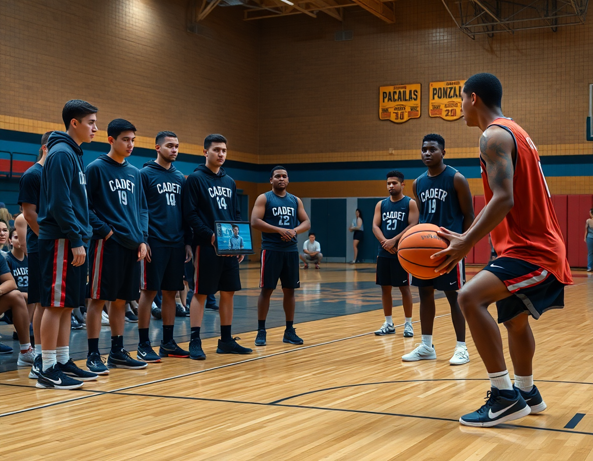 entrenamiento baloncesto cadete: revisión de video con balón naranja y jugadores atentos.