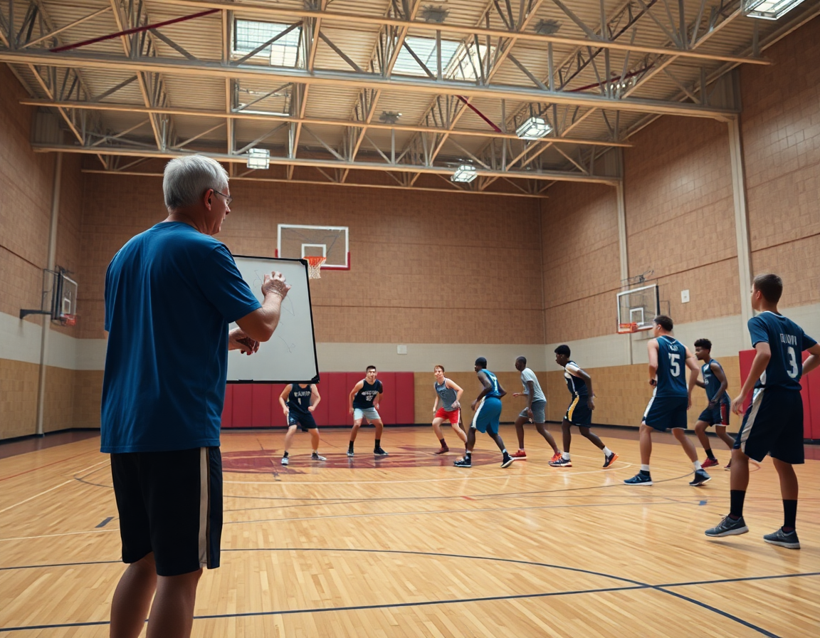 Entrenamiento de baloncesto para cadetes: entrenador dibuja jugadas mientras cadetes practican baloncesto.
