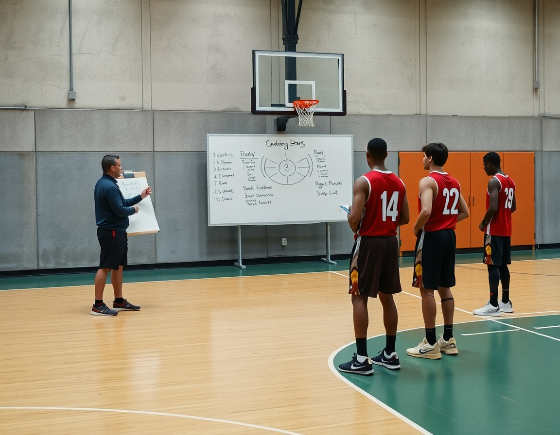 Panorama de entrenamiento defensa baloncesto en pista de gimnasio, entrenador presenta el plan semanal al equipo.
