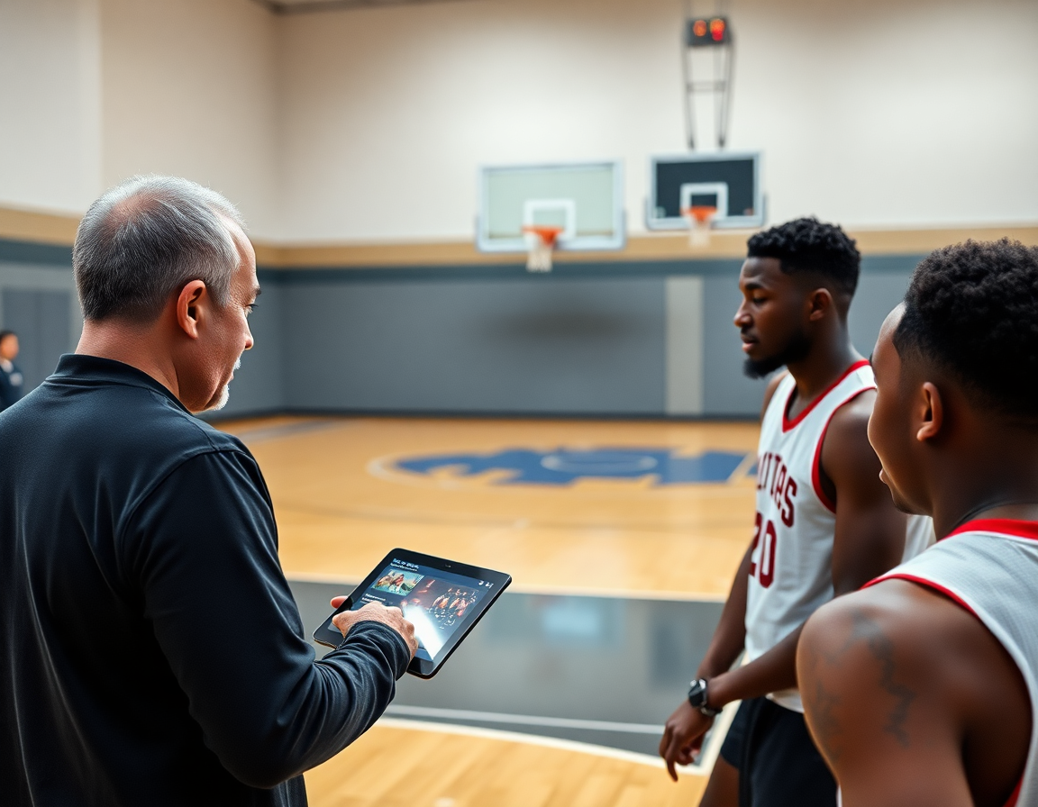 Plano de entrenamientos de baloncesto para alevines mostrando tácticas en tablet junto a jugadas.