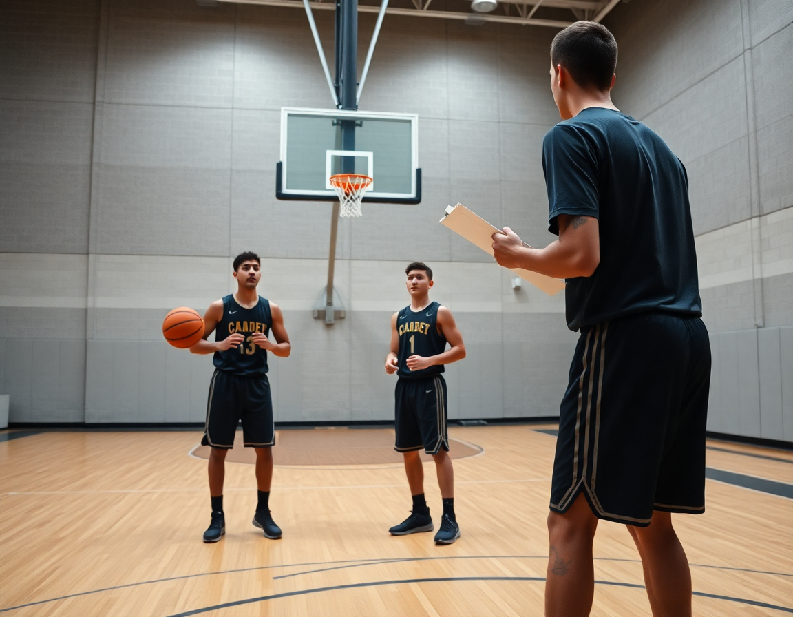 Primer plano de entrenamientos de baloncesto para cadetes durante una sesión en la cancha de baloncesto.