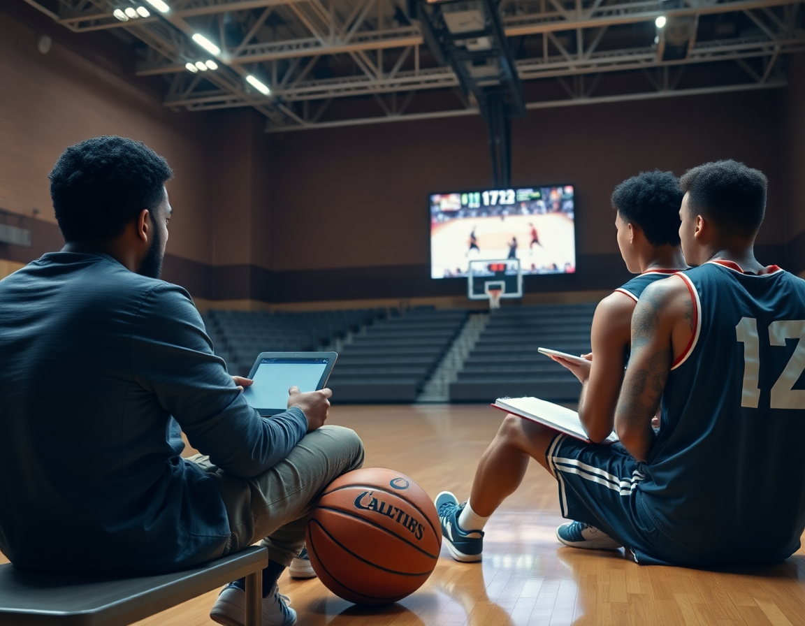 Revisión de clips para entrenamientos de baloncesto para jovenes: entrenador guía a jugadores atentos en gimnasio.