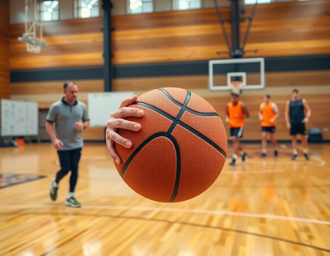 Detalle de manos con balón naranja durante entrenamientos de baloncesto para niños de 6 a 8 años.