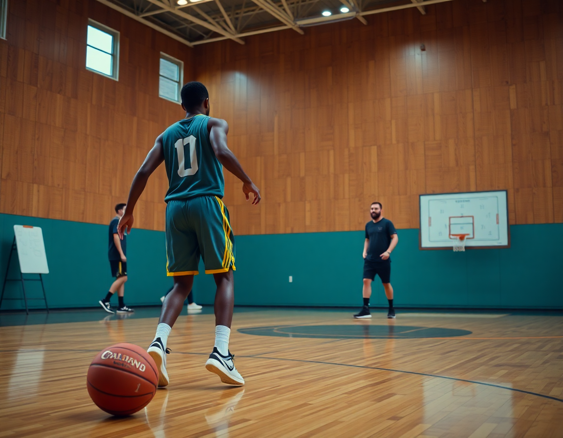 Plano medio del entrenador señalando una pizarra de baloncesto, escolta posicion baloncesto en ingles.