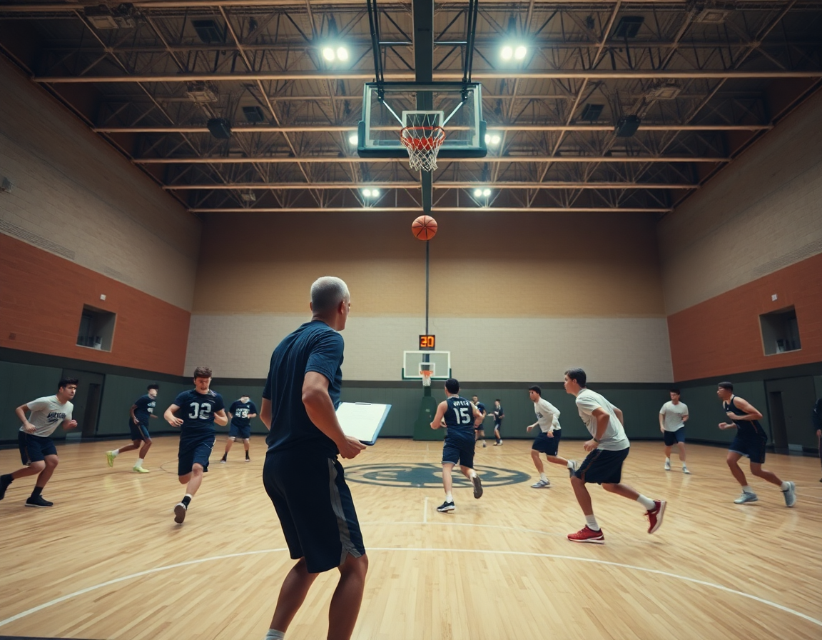 Plano general de la cancha de baloncesto, escolta posicion baloncesto en ingles durante un ejercicio.