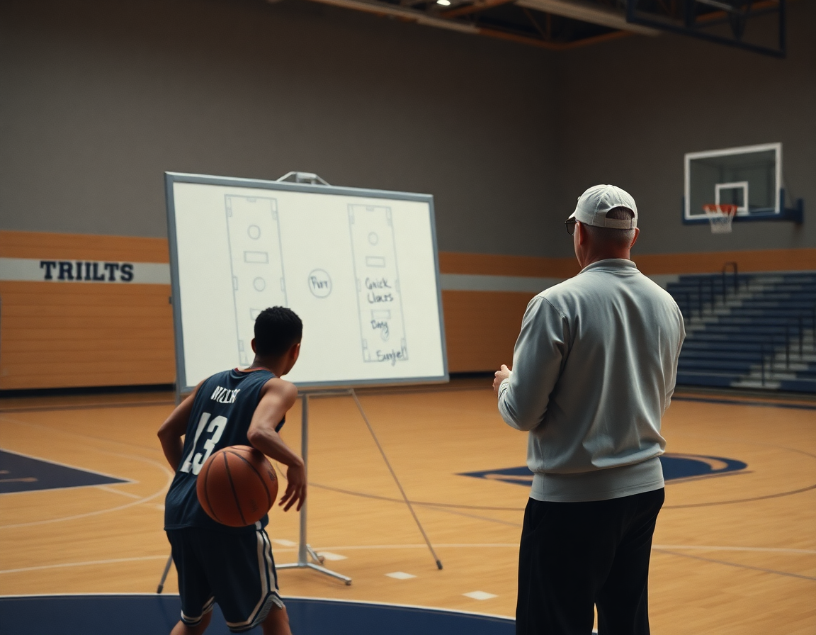 Primer plano de la mano driblando cerca de la línea de tres, con estadisticas baloncesto visibles.