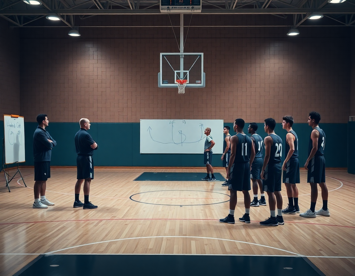 Coach frente a la pizarra dibujando una jugada y estadisticas baloncesto visibles para el grupo.
