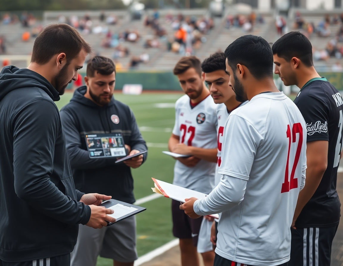 Entrenador revisa estadisticas baloncesto en una laptop mientras jugadores toman notas y observan clips de rendimiento.