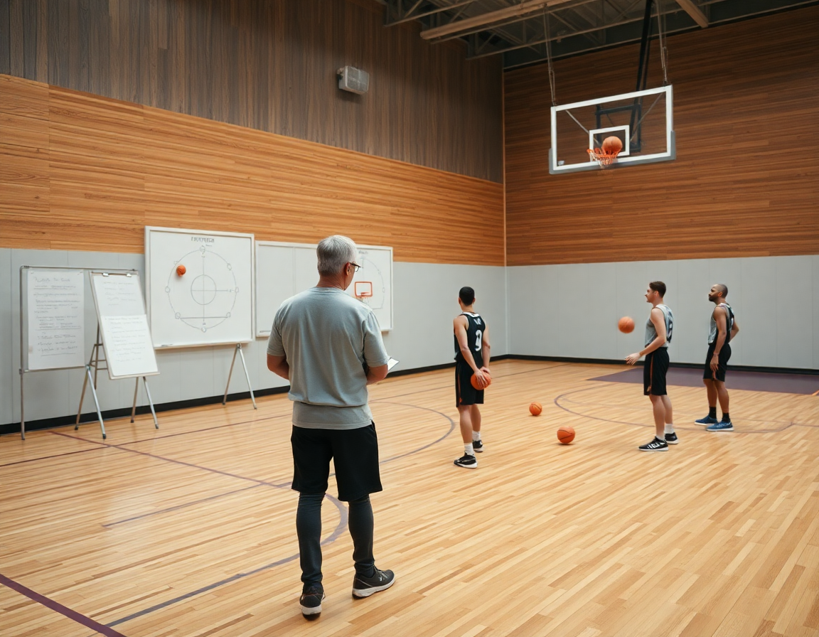 Plano de baloncesto en un gimnasio bien iluminado, entrenador con pizarra dirigiendo flex baloncesto entre jugadores.