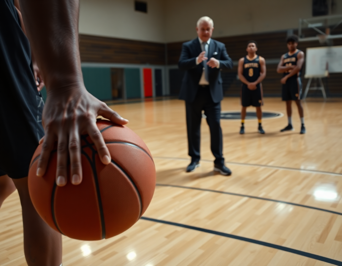 Primer plano de manos y balón de baloncesto, mostrando ejercicios de calentamiento para baloncesto pdf.