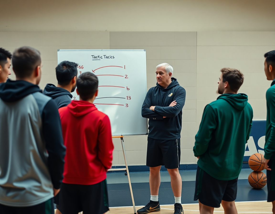 escuela de baloncesto para niños cerca de mi, entrenador con pizarra táctica rodeado de jugadores atentos.