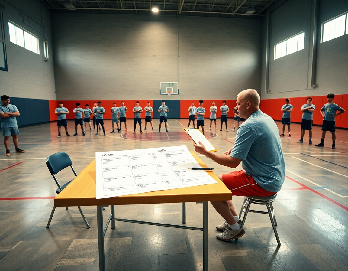 Plano lateral de entrenamientos baloncesto: entrenador con tablero dirige a jugadores en concreto.