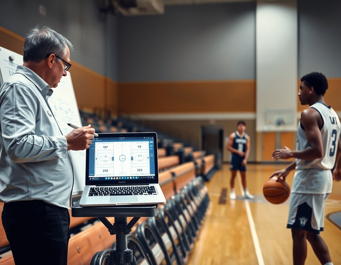 Primer plano de táctica para entrenamientos baloncesto: entrenador señala jugadas en pizarra junto a tablets.
