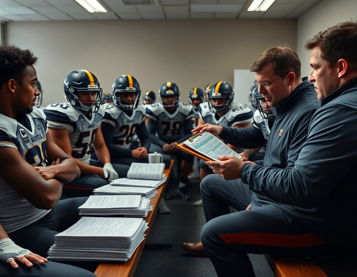 Escena de reconocimiento de rivales para entrenamientos baloncesto: jugadores revisan clips y notas en la banca.