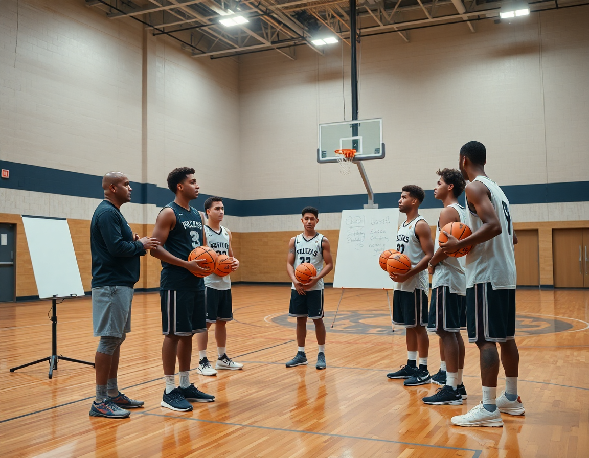 Coach enseña juego en el poste bajo baloncesto en la cancha de madera ante jugadores atentos.