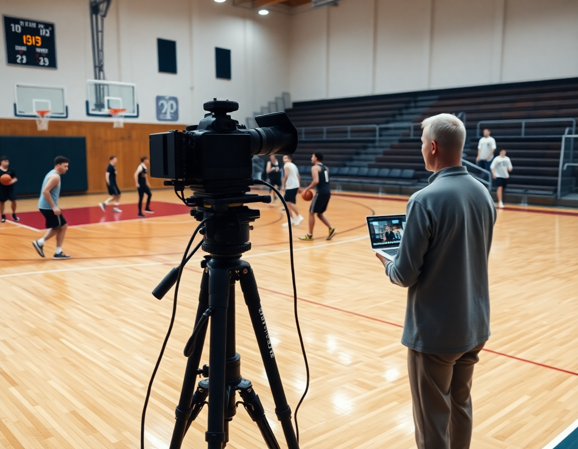 Gestión de clips para juego en el poste bajo baloncesto; entrenador revisa jugadas en una pantalla grande.
