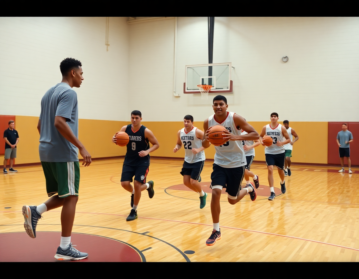 Progresiones de juego en el poste bajo baloncesto en la cancha de madera, entrenador guiando.