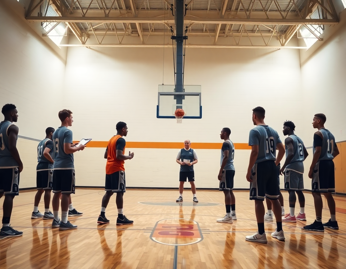 Entrenamiento de baloncesto mostrando la jugada de baloncesto pick and roll explicada por el entrenador.