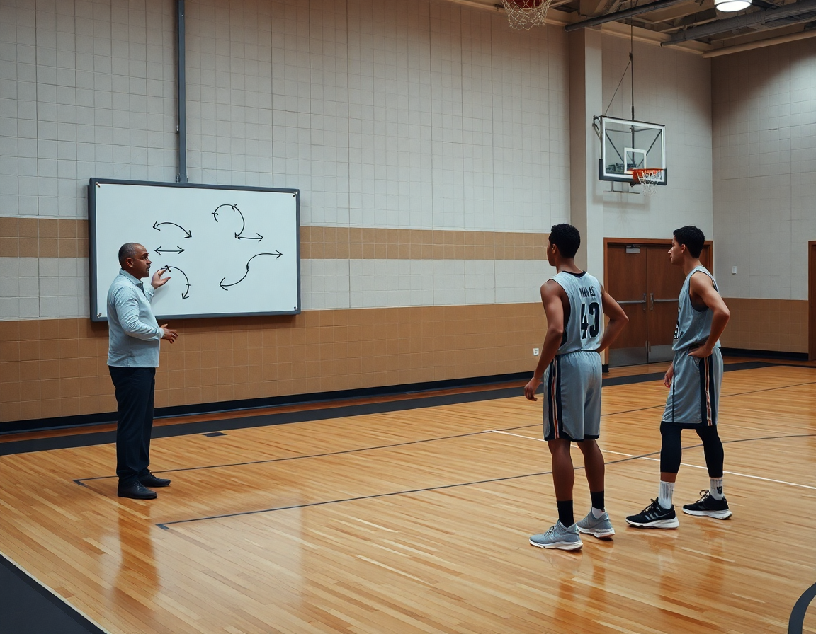 Pizarra de baloncesto con variantes de la jugada de baloncesto pick and roll en entrenamiento.