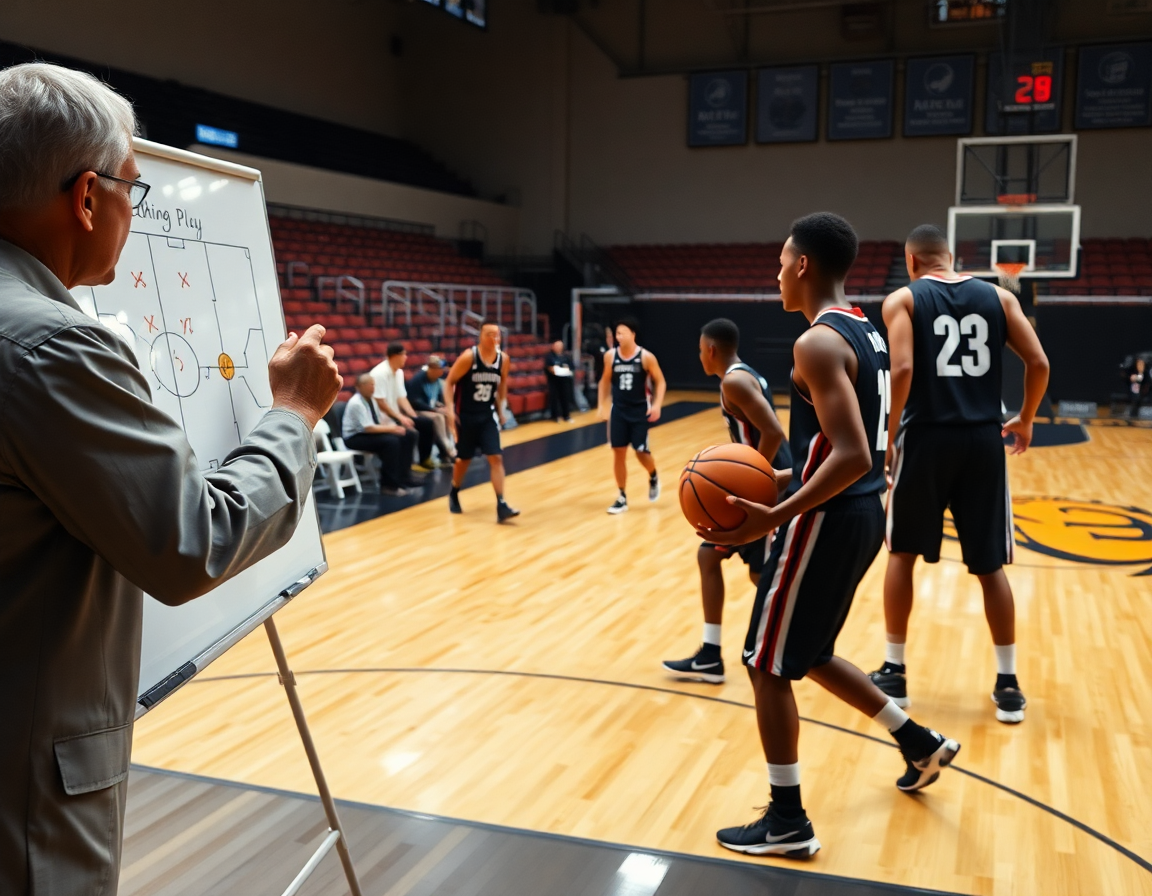 Primer plano de entrenador junto a la pizarra dibujando jugadas ataque baloncesto, jugadores pasando balón naranja.