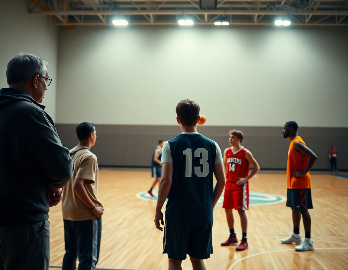 Un scout observa desde la banda mientras se afinan jugadas ataque baloncesto, balón naranja circulando entre jugadores.
