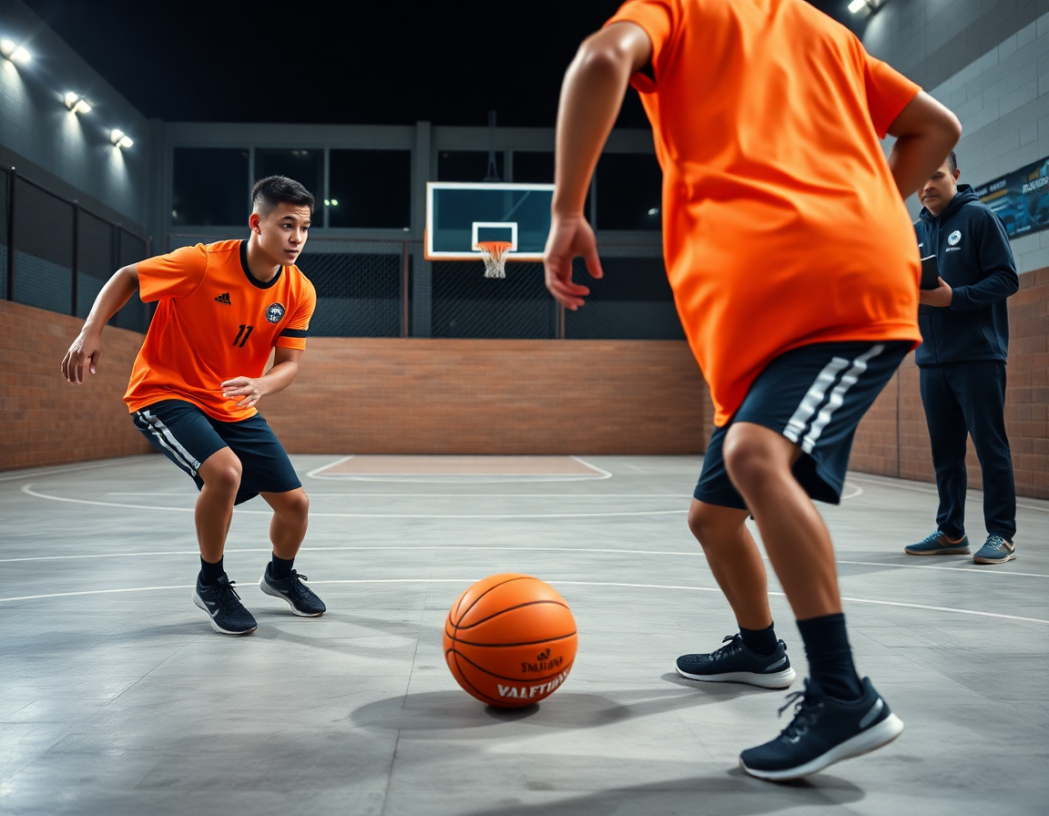 Jugadas baloncesto cadete en un gimnasio iluminado, entrenando pases, tiros y decisiones rápidas.